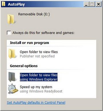 The worm hopes to fool the user into executing the malware during the AutoPlay dialog sequence. (Note that the real ‘Open folder to view files’ is the one highlighted and the similar ‘Open folder to view files’ above is the worm executable.)