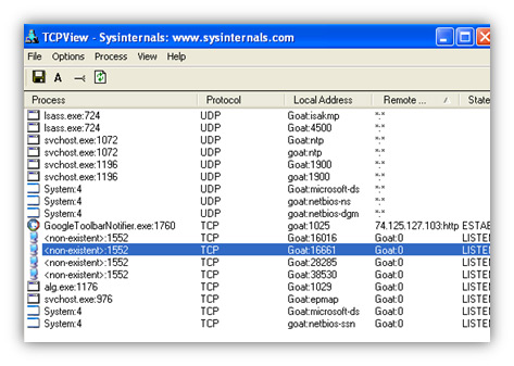 TCPView shows that several ports related to the ‘non-existent’ process are in the listening state.