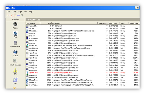 IceSword highlights a malicious rootkit process injected into explorer.exe.
