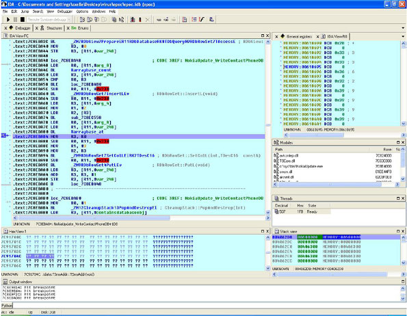 Screenshot of IDA Pro during a remote step debugging of the trojan. In this case, the function is adding a new row to the phone number table of the trojan.