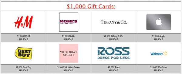 A variety of gift cards are on offer.