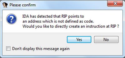 IDA asks if the current RIP location from the trace window should be converted to code.