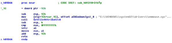 Malware using GetFileAttributeA() to determine the presence of vmmouse.