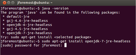To install JDK, enter the command ‘sudo apt-get install openjdk-7-jre-headless’.