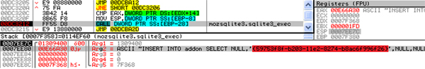 Sqlite3_exec to include required information for Firefox to load an extension. GUID is highlighted in red.