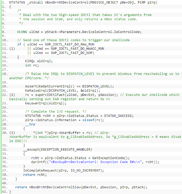 Code snippet showing I/O control code function entry point where the vulnerable code can be found.