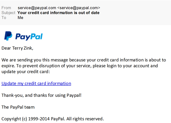 Is this a real message from PayPal letting me know that my credit card will expire soon?