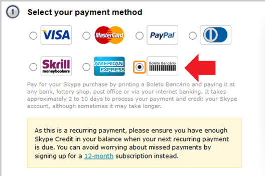 Buying Skype credits with boleto bancário as a payment method.